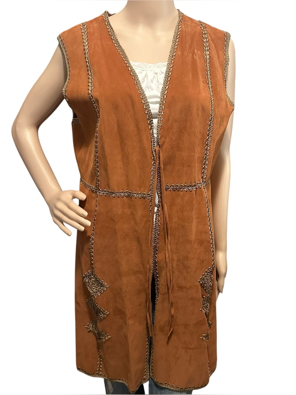 Mechant Suede Vest with Crochet Trim Sz M